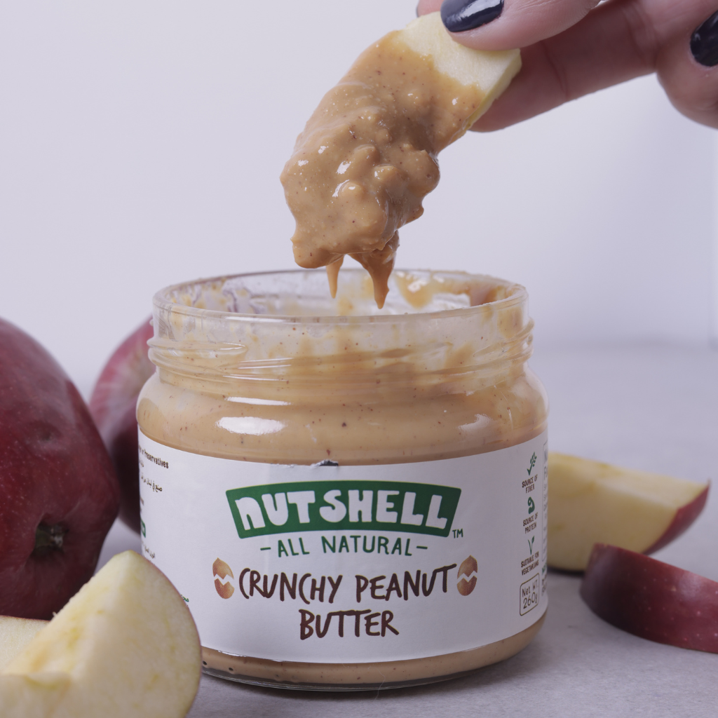 Crunchy Peanut butter delicious as a snack with apples 