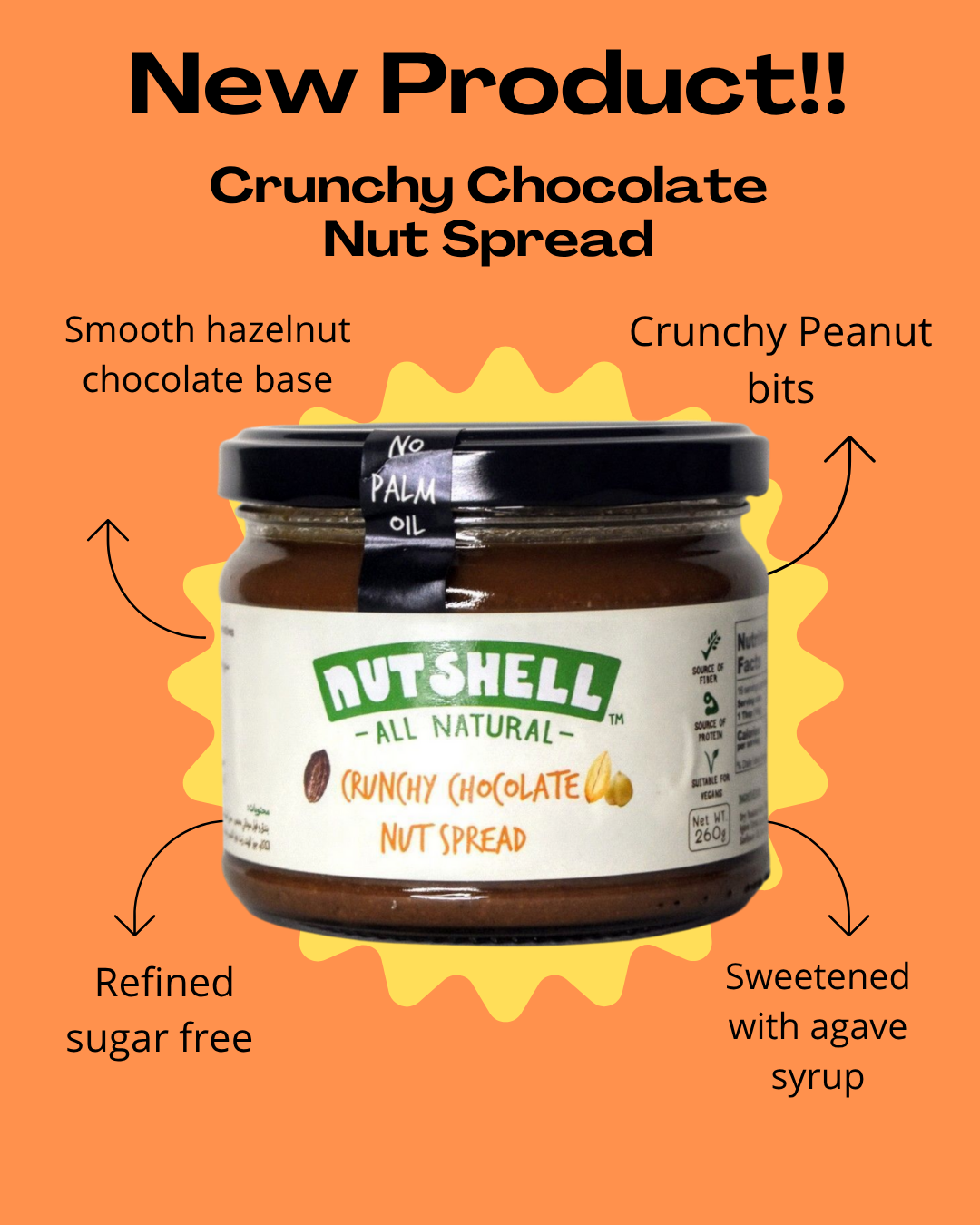 Jar of Nutshell Crunchy Chocolate Nut Spread on an orange background with product features highlighted.